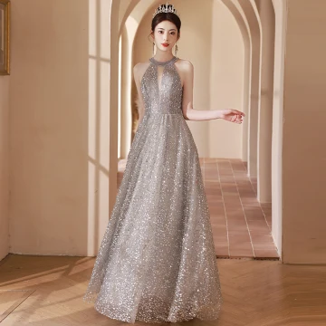 Scintillantes Argenté Paillettes Robe De Soirée 2024 Princesse Encolure Dégagée Sans Manches Dos Nu Longue Soirée Robe De Ceremonie
