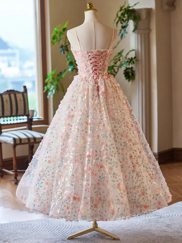 Flower Fairy Blushing Pink Sequins Appliques Prom Dresses 2024 Ball Gown Spaghetti Straps Sleeveless Backless Floor-Length / Long Prom Formal Dresses
