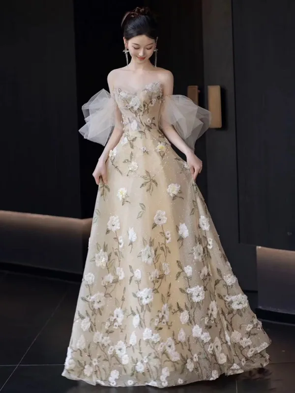 Glamorous Champagne Glitter Sequins Printing Prom Dresses 2025 A-Line / Princess Off-The-Shoulder Short Sleeve Backless Floor-Length / Long Prom Formal Dresses