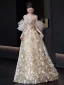 Glamorous Champagne Glitter Sequins Printing Prom Dresses 2025 A-Line / Princess Off-The-Shoulder Short Sleeve Backless Floor-Length / Long Prom Formal Dresses