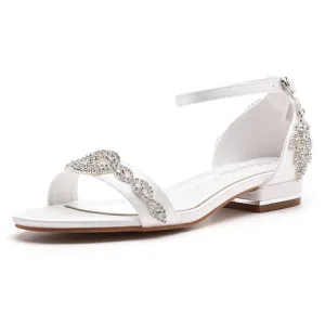 Sexy White Rhinestone Wedding Shoes 2023 Ankle Strap Low Heel Open Peep Toe Wedding Sandals High Heels