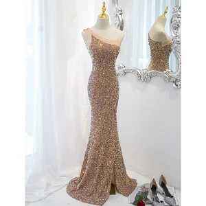 Sexy Gold Beading Sequins Evening Dresses 2023 Trumpet Mermaid One Shoulder Sleeveless Backless Split Front Floor Length Long Evening Party Formal Dresses