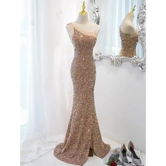 Sexy Doré Perlage Paillettes Robe De Soirée 2023 Trompette Sirène Une Épaule Sans Manches Dos Nu Fendue Devant Longue Soirée Robe De Ceremonie