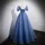Elegant Ocean Blue Appliques Sequins Prom Dresses 2022 A-Line / Princess V-Neck Short Sleeve Backless Floor-Length / Long Prom Formal Dresses