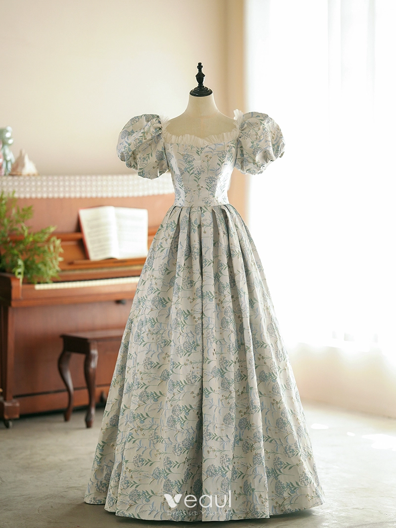 Classy Sage Green Printing Prom Dresses 2024 A-Line / Princess Scoop Neck  Puffy Short Sleeve Backless Floor-Length / Long Prom Formal Dresses