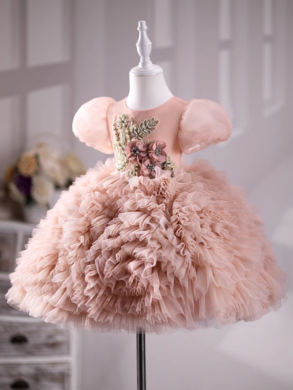 Chic / Beautiful Blushing Pink Pearl Rhinestone Short Birthday Cascading Ruffles Flower Girl Dresses 2023 Ball Gown Scoop Neck Puffy Short Sleeve Tulle