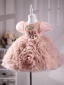 Chic / Beautiful Blushing Pink Pearl Rhinestone Short Birthday Cascading Ruffles Flower Girl Dresses 2023 Ball Gown Scoop Neck Puffy Short Sleeve Tulle
