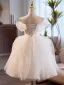 Modest / Simple White Pearl Short Wedding Dresses 2024 Ball Gown Off-The-Shoulder Short Sleeve Backless Tulle Wedding