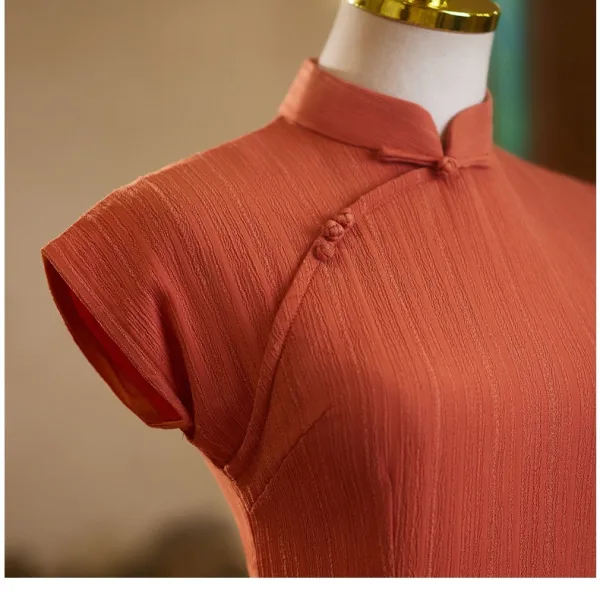 Chinese style Orange Tea-length Cheongsam 2024 Trumpet / Mermaid High Neck Short Sleeve Prom