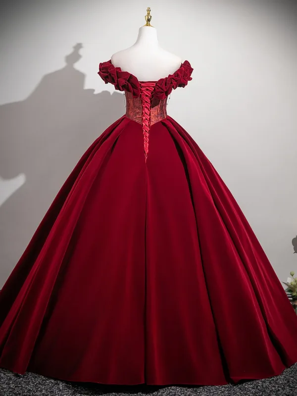 Vintage / Retro Burgundy Prom Dresses 2025 Ball Gown Ruffle Off-The-Shoulder Short Sleeve Backless Floor-Length / Long Prom Formal Dresses