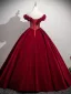 Vintage / Retro Burgundy Prom Dresses 2025 Ball Gown Ruffle Off-The-Shoulder Short Sleeve Backless Floor-Length / Long Prom Formal Dresses