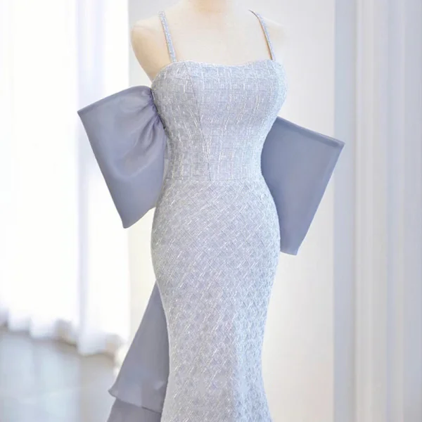 Sexy Himmelblau Abendkleider 2022 Meerjungfrau Spaghettiträger Ärmellos Rückenfreies Schleife Hof-Schleppe Abend Festliche Kleider