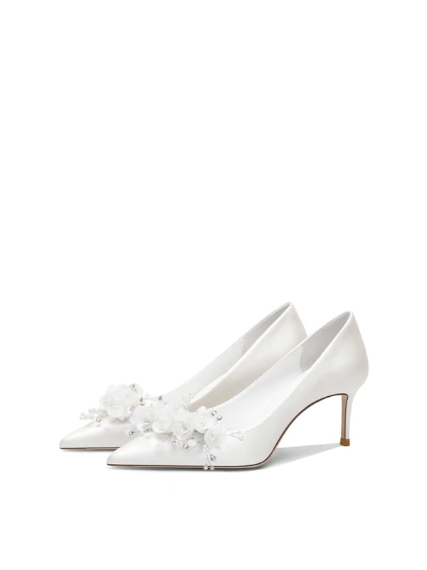 Elegant White Satin Appliques Rhinestone Wedding Shoes 2024 8 cm Stiletto Heels Pointed Toe Wedding Pumps High Heels