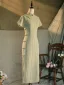Chinese style Sage Green Split Front Floor-Length / Long Cheongsam 2024 Trumpet / Mermaid High Neck Short Sleeve Prom