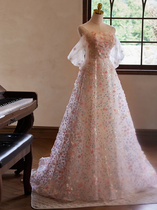 High-end Flower Fairy Blushing Pink Pearl Appliques Sequins Prom Dresses 2024 A-Line / Princess Off-The-Shoulder Short Sleeve Backless Sweep Train Prom Formal Dresses