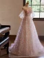 High-end Flower Fairy Blushing Pink Pearl Appliques Sequins Prom Dresses 2024 A-Line / Princess Off-The-Shoulder Short Sleeve Backless Sweep Train Prom Formal Dresses