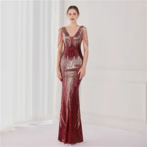 Scintillantes Bordeaux Perlage Paillettes Robe De Soirée 2024 V Cou Sans Manches Dos Nu Longue Soirée Robe De Ceremonie
