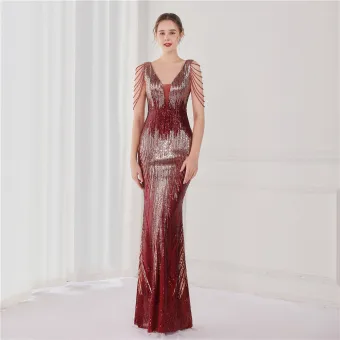 Sparkly Burgundy Beading Sequins Evening Dresses 2024 V Neck Sleeveless Backless Floor Length Long Evening Party Formal Dresses