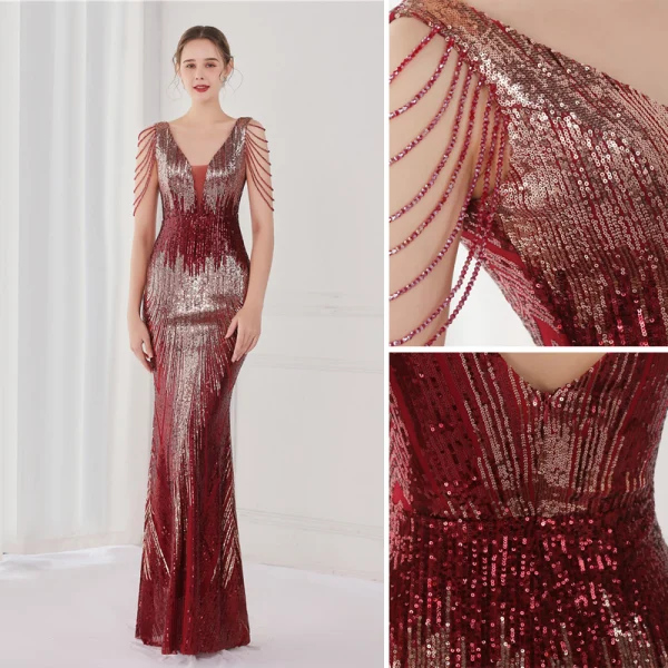 Scintillantes Blanche Paillettes Robe De Soirée 2022 Trompette / Sirène V-Cou Perlage Gland Sans Manches Dos Nu Longue Soirée Robe De Ceremonie