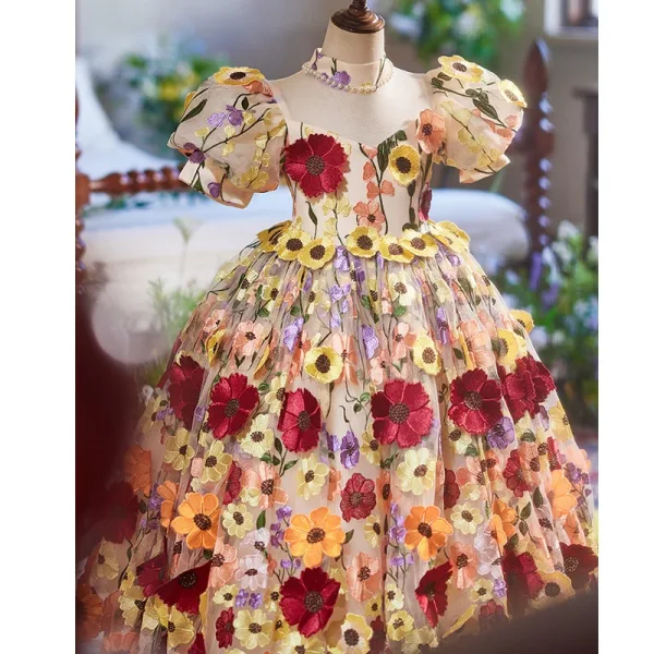 Flower Fairy Multi-Colors Lace Flower Appliques Birthday Flower Girl Dresses 2025 Ball Gown High Neck Short Sleeve Backless Floor-Length / Long Tulle