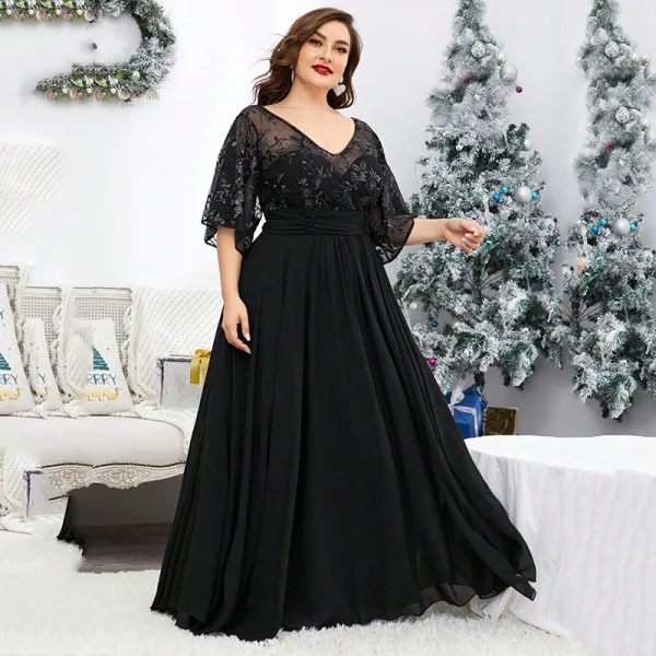 Chic / Beautiful Black Lace Flower Plus Size Evening Dresses 2025 A-Line / Princess V-Neck Short Sleeve Floor-Length / Long Tulle Evening Party Formal Dresses