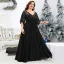 Chic / Beautiful Black Lace Flower Plus Size Evening Dresses 2025 A-Line / Princess V-Neck Short Sleeve Floor-Length / Long Tulle Evening Party Formal Dresses