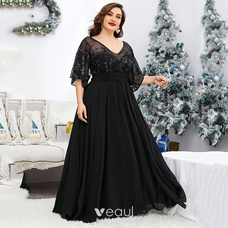 Chic / Beautiful Black Lace Flower Plus Size Evening Dresses 2025 A-Line /  Princess V-Neck Short Sleeve Floor-Length / Long Tulle Evening Party Formal  Dresses