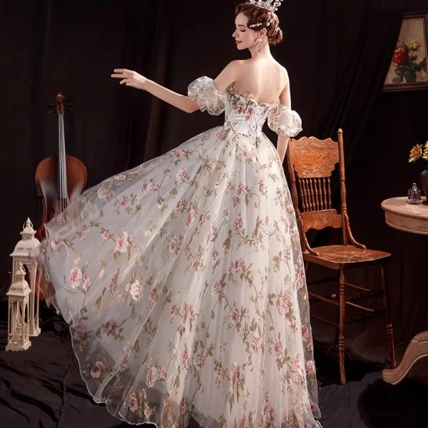 Flower Fairy White Floral Prom Dresses 2023 A-Line / Princess Off-The-Shoulder Short Sleeve Backless Floor-Length / Long Prom Formal Dresses