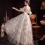 Flower Fairy White Floral Prom Dresses 2023 A-Line / Princess Off-The-Shoulder Short Sleeve Backless Floor-Length / Long Prom Formal Dresses
