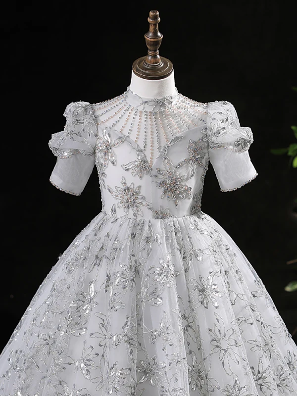 Chic / Beautiful Grey Beading Sequins Pearl Lace Flower Birthday Flower Girl Dresses 2024 A-Line / Princess High Neck Short Sleeve Floor-Length / Long