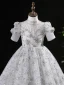 Chic / Beautiful Grey Beading Sequins Pearl Lace Flower Birthday Flower Girl Dresses 2024 A-Line / Princess High Neck Short Sleeve Floor-Length / Long