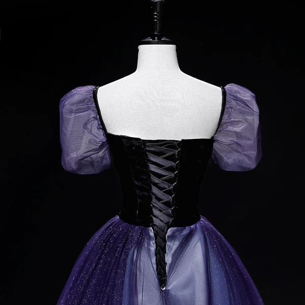 Vintage / Retro Purple Prom Dresses 2022 Ball Gown Square Neckline Puffy Short Sleeve Backless Floor-Length / Long Prom Formal Dresses