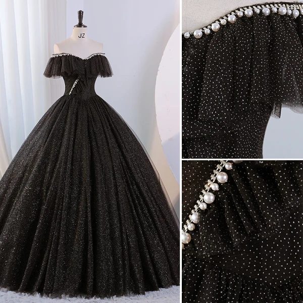 Charming Black Glitter Pearl Rhinestone Prom Dresses 2023 Ball Gown Off-The-Shoulder Sleeveless Backless Floor-Length / Long Prom Formal Dresses