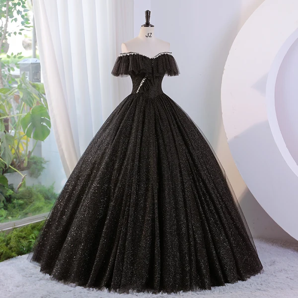Charming Black Glitter Pearl Rhinestone Prom Dresses 2023 Ball Gown Off-The-Shoulder Sleeveless Backless Floor-Length / Long Prom Formal Dresses