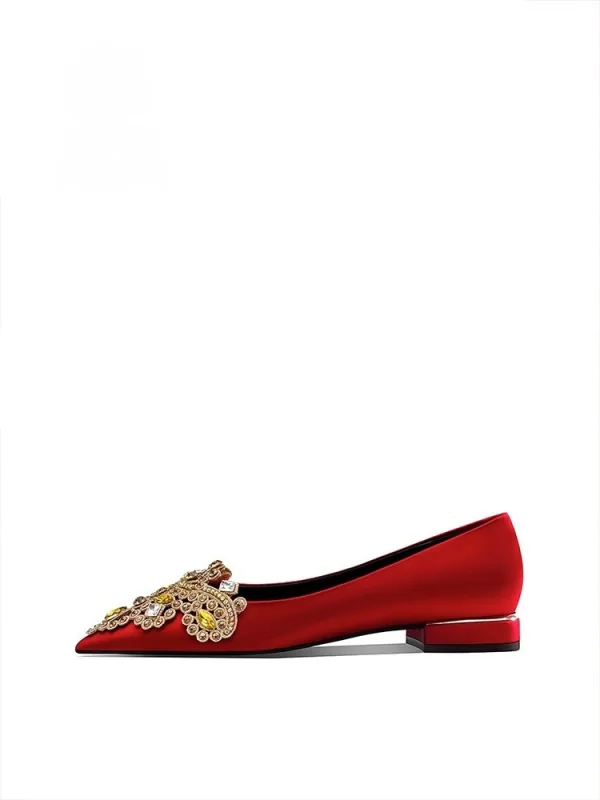 Chinese style Red Rhinestone Satin Wedding Shoes 2026 6 cm Stiletto Heels Pointed Toe Wedding Pumps