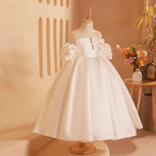 Elegant Ivory Satin Beading Bow Flower Girl Dresses 2024 Ball Gown Birthday Strapless Short Sleeve Backless Tea-length