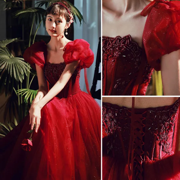 Chic / Belle Bordeaux Perlage Paillettes Robe De Bal 2022 Princesse Bustier Gonflée Manches Courtes Dos Nu Longue Robe De Ceremonie