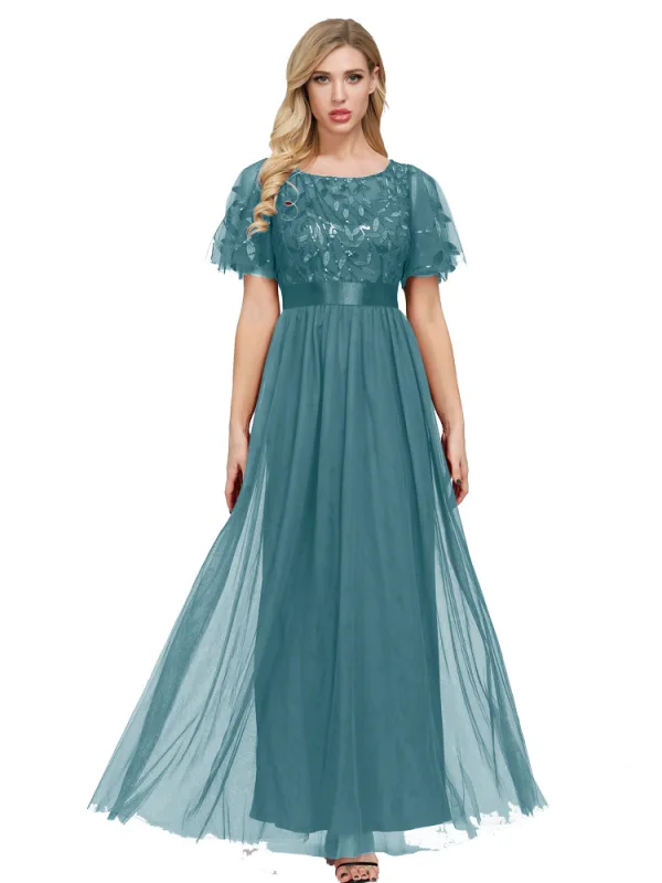 Vintage / Retro Navy Blue Lace Flower Sequins Prom Dresses 2023 A-Line / Princess Scoop Neck Short Sleeve Floor-Length / Long Prom Formal Dresses
