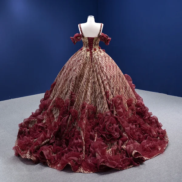 High-end Glitter Burgundy Sequins Appliques Prom Dresses 2022 Ball Gown V-Neck Short Sleeve Backless Court Train Formal Dresses