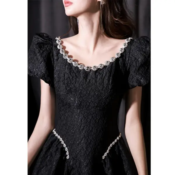 Fashion Black Rhinestone Short Evening Dresses Party Dresses 2022 A-Line / Princess Scoop Neck Puffy Short Sleeve Backless Evening Party Formal Dresses