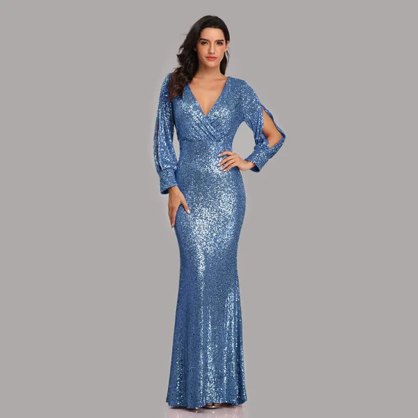 Sparkly Black Sequins Evening Dresses 2023 Trumpet / Mermaid V-Neck Long Sleeve Floor-Length / Long Evening Party Formal Dresses