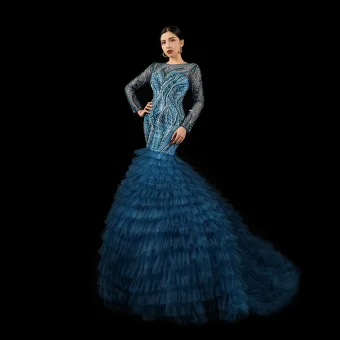Haut De Gamme Océan Bleu Fait Main Perlage Paillettes Percé Robe De Soirée 2023 Trompette Sirène Encolure Dégagée Manches Longues Tribunal Train Soirée Robe De Ceremonie