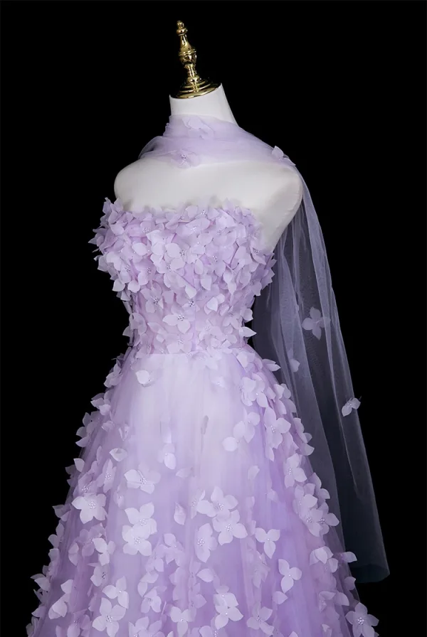 Flower Fairy Lavender Appliques Prom Dresses 2025 A-Line / Princess Strapless Sleeveless Backless Floor-Length / Long Formal Dresses