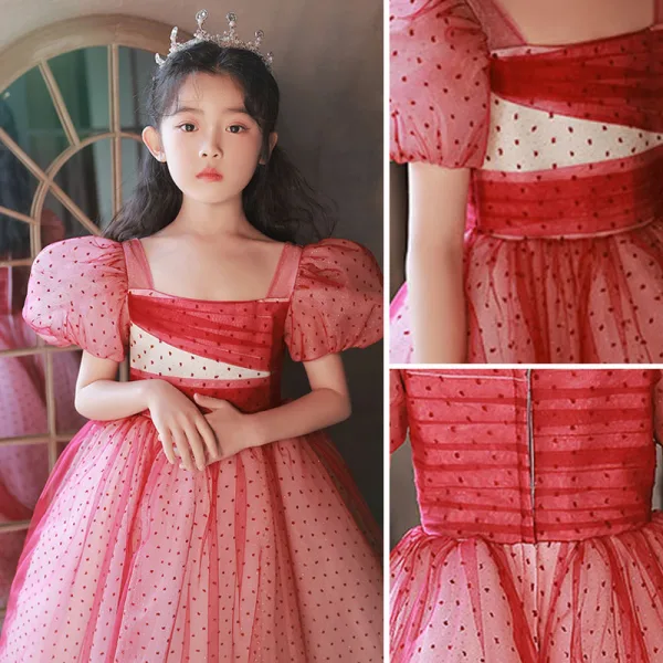 Chic / Beautiful Red Spotted Birthday Flower Girl Dresses 2022 Ball Gown Square Neckline Puffy Short Sleeve Floor-Length / Long Flower Girl Dresses