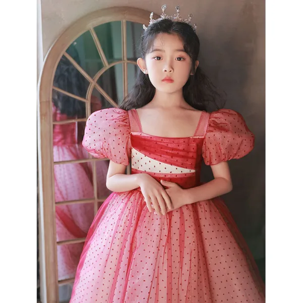 Chic / Beautiful Red Spotted Birthday Flower Girl Dresses 2022 Ball Gown Square Neckline Puffy Short Sleeve Floor-Length / Long Flower Girl Dresses