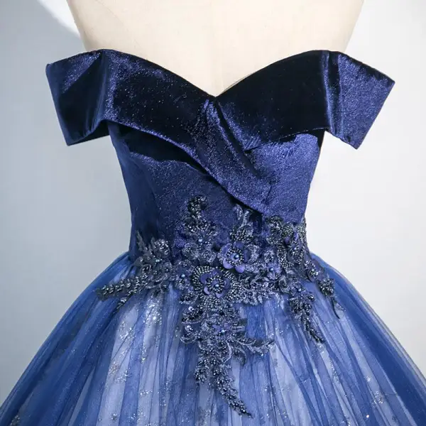Vintage / Retro Ocean Blue Beading Appliques Prom Dresses 2025 Ball Gown Strapless Sleeveless Backless Floor-Length / Long Tulle Prom Formal Dresses