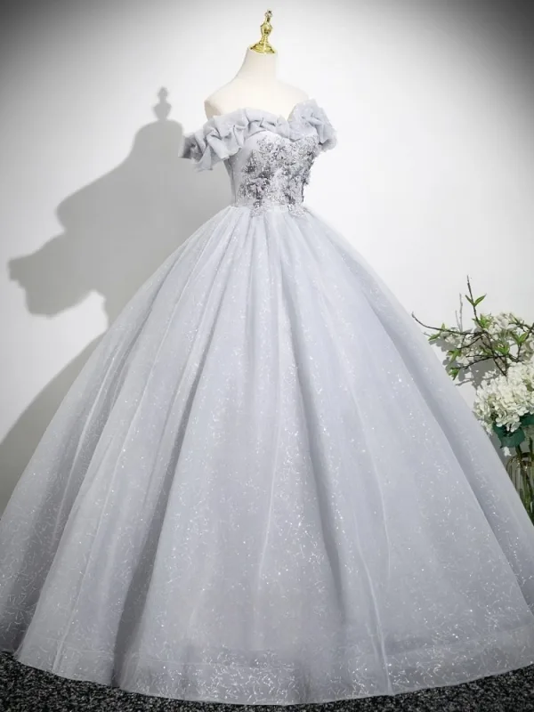 Schöne Silber Grau Applikationen Perlenstickerei Pailletten Ballkleider 2025 Ballkleid Off Shoulder Kurze Ärmel Rückenfreies Lange Festliche Kleider