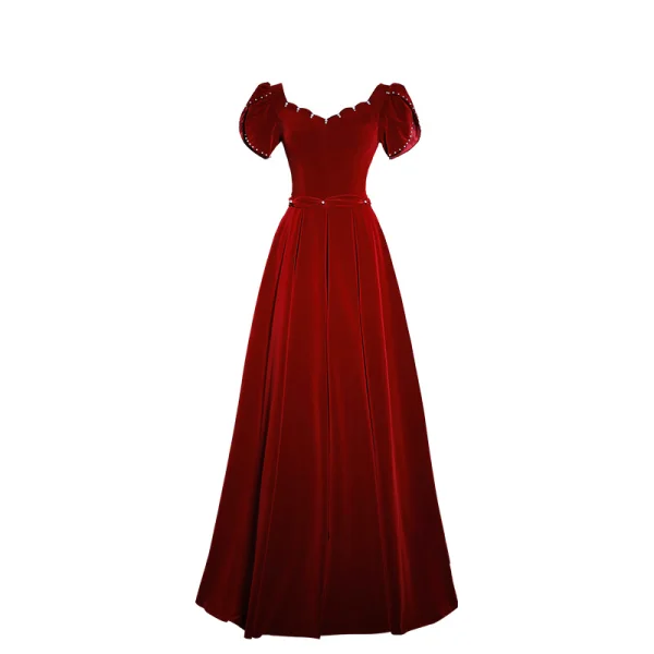 Elegant Burgundy Velvet Prom Dresses 2023 A-Line / Princess Square Neckline Short Sleeve Backless Floor-Length / Long Prom Formal Dresses