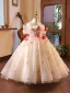 Elegant Champagne Appliques Birthday Flower Girl Dresses 2023 Ball Gown Off-The-Shoulder Short Sleeve Backless Floor-Length / Long