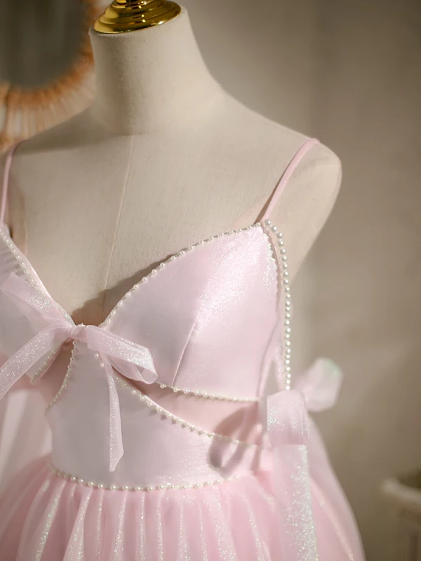 Sexy Pink Perle Geburtstag Partykleider 2022 A Linie Spaghettiträger Ärmellos Rückenfreies Schleife Kurze Cocktail Festliche Kleider